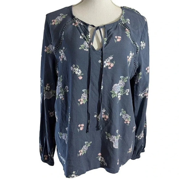 Como Vintage Blouse XL Blue Floral Lace Cutouts V Neck Long Sleeves V Neck Top - Picture 1 of 7
